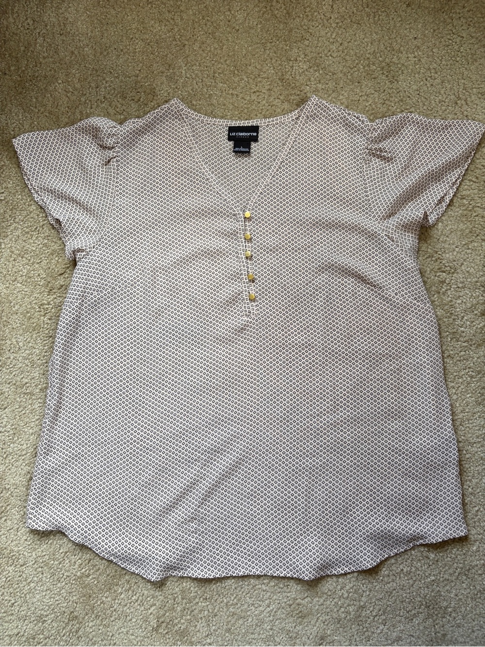 Liz Claiborne Pink Black V-Neck Pullover Flutter Sleeve Career Top Blouse Size L